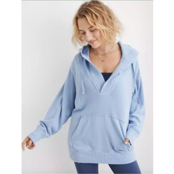 aerie Sweaters - Aerie Soft Blue Knit Hoodie V-Neck Oversized